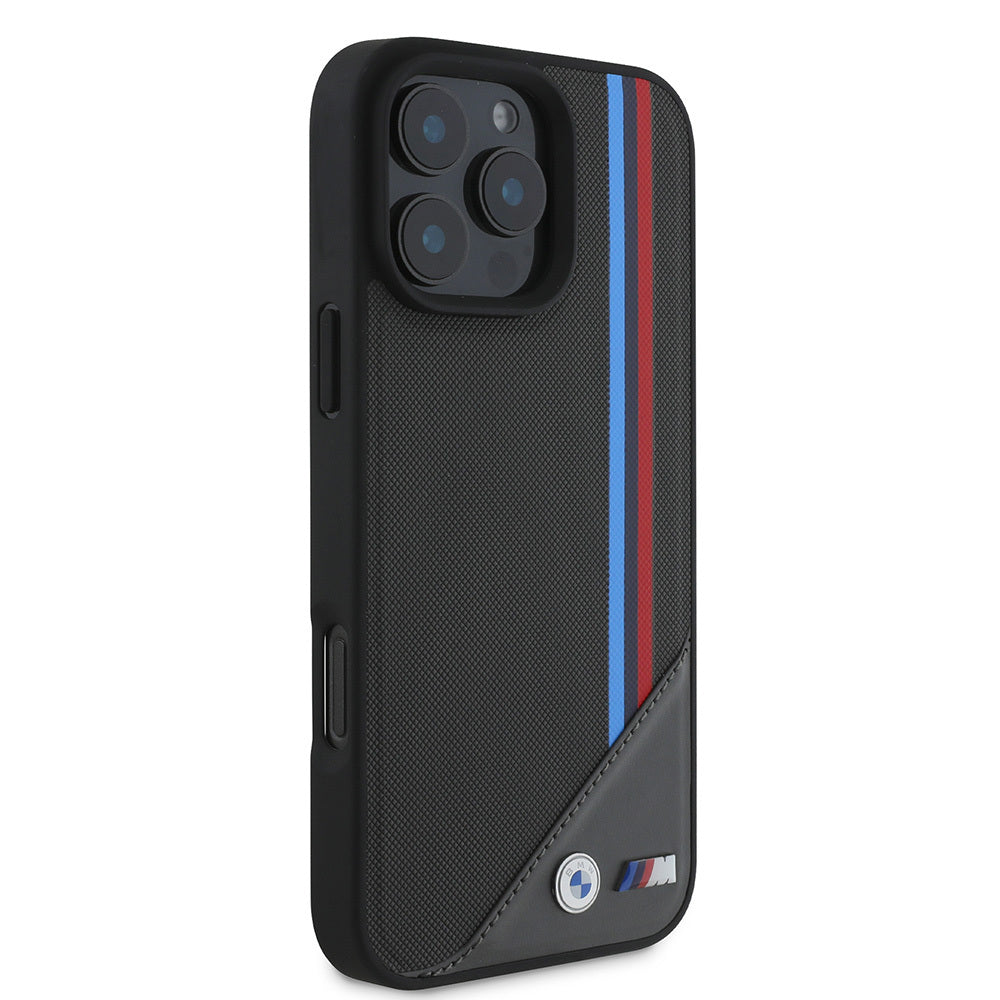 iPhone 16 Kılıf BMW Orjinal Lisanslı Magsafe Şarj Özellikli M Logolu Üç Çizgili Dikiş Detaylı Meshed Tricolor Stripes Kılıf Siyah