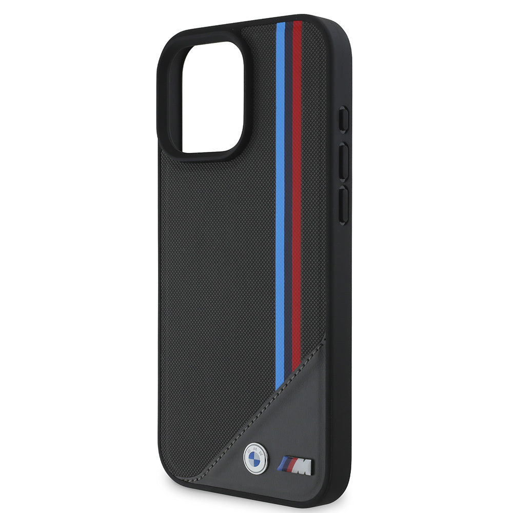 iPhone 16 Kılıf BMW Orjinal Lisanslı Magsafe Şarj Özellikli M Logolu Üç Çizgili Dikiş Detaylı Meshed Tricolor Stripes Kılıf Siyah