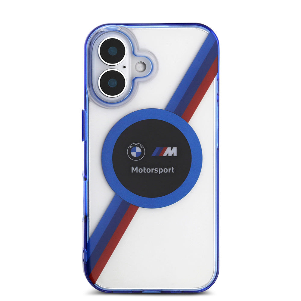 iPhone 16 Kılıf BMW Orjinal Lisanslı Magsafe Şarj Özellikli M Logolu Üç Renk Çizgili Motorsport Circle Kılıf Şeffaf