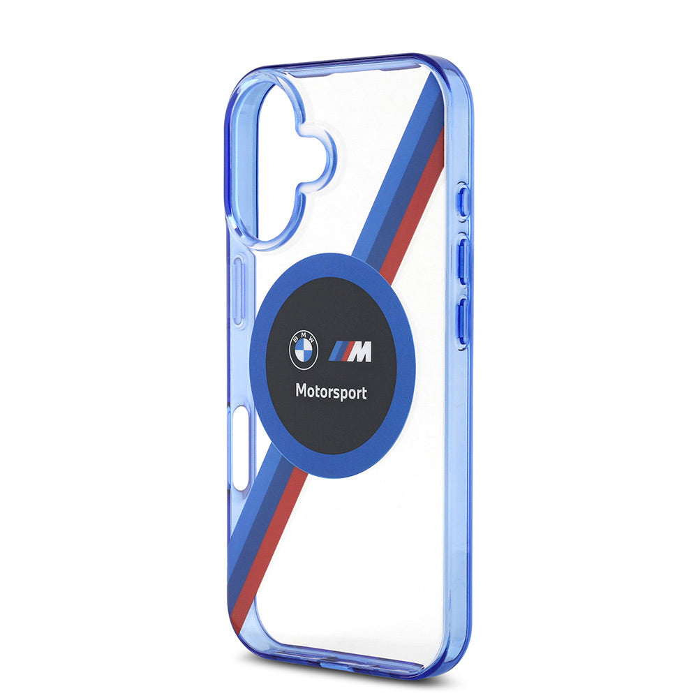 iPhone 16 Kılıf BMW Orjinal Lisanslı Magsafe Şarj Özellikli M Logolu Üç Renk Çizgili Motorsport Circle Kılıf Şeffaf