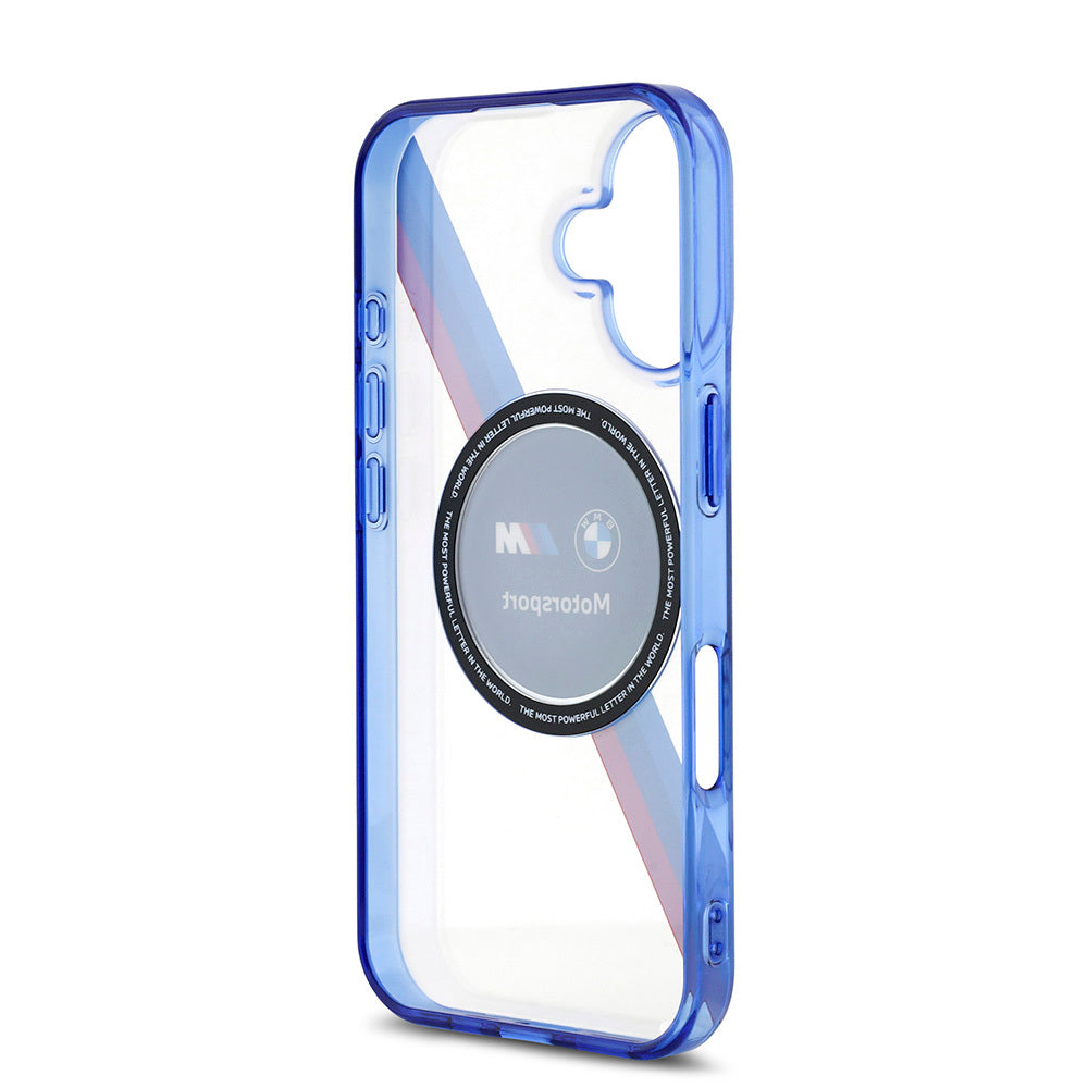iPhone 16 Kılıf BMW Orjinal Lisanslı Magsafe Şarj Özellikli M Logolu Üç Renk Çizgili Motorsport Circle Kılıf Şeffaf