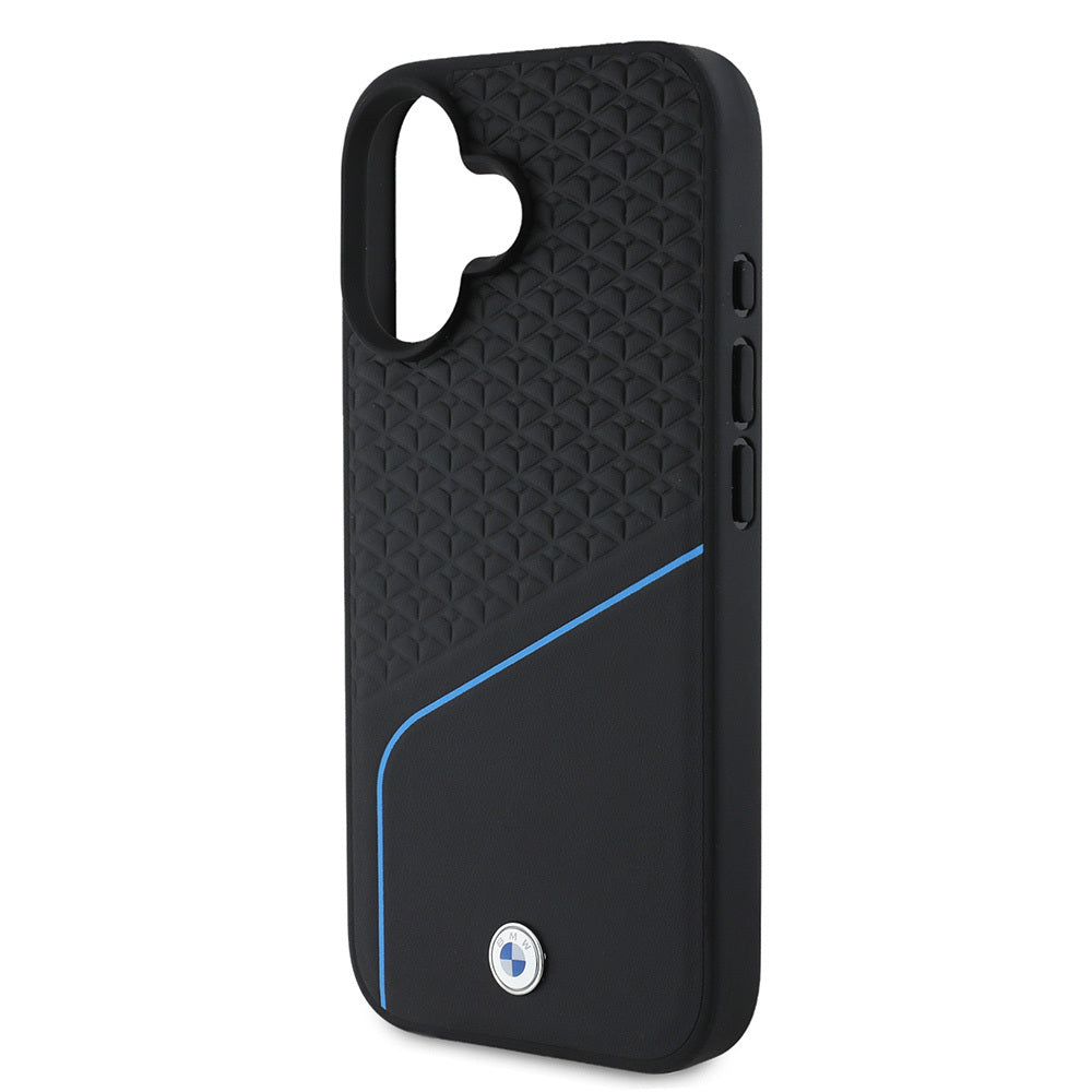 Apple iPhone 16 Kılıf BMW Orjinal Lisanslı M-safe Şarj Özellikli Metal Logolu Dokulu ve Çizgili Deri Kapak Gri