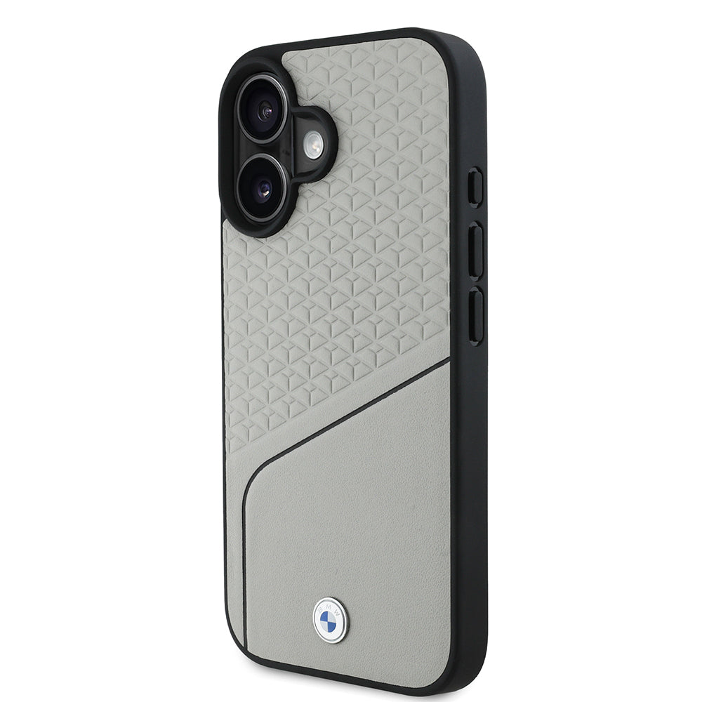 Apple iPhone 16 Kılıf BMW Orjinal Lisanslı M-safe Şarj Özellikli Metal Logolu Dokulu ve Çizgili Deri Kapak Gri