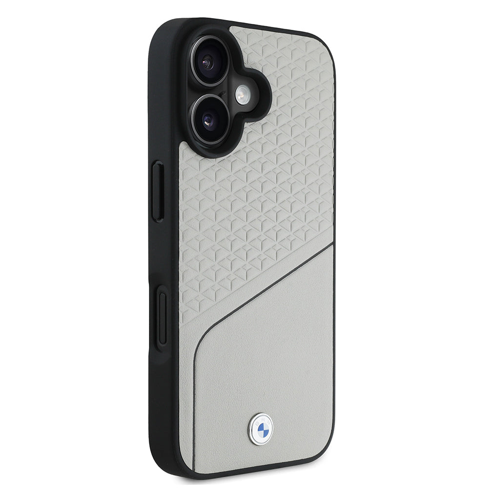 Apple iPhone 16 Kılıf BMW Orjinal Lisanslı M-safe Şarj Özellikli Metal Logolu Dokulu ve Çizgili Deri Kapak Gri