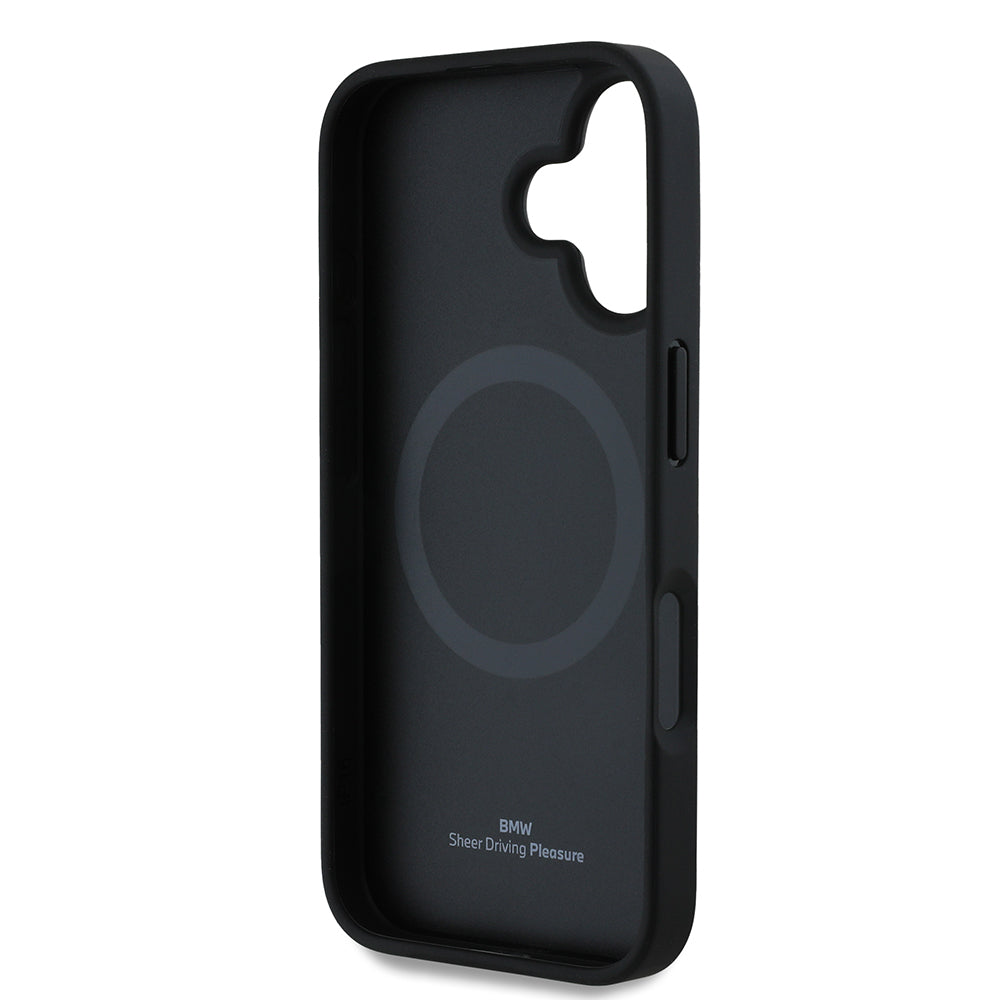 Apple iPhone 16 Kılıf BMW Orjinal Lisanslı M-safe Şarj Özellikli Metal Logolu Dokulu ve Çizgili Deri Kapak Gri