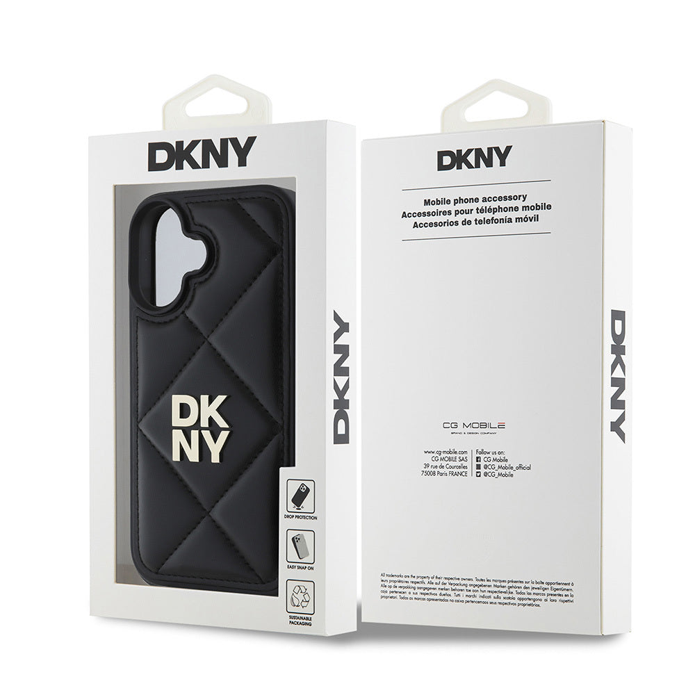 iPhone 16 Kılıf DKNY Orjinal Lisanslı Kapitone Tasarımlı Metal Logolu Deri Kılıf Siyah