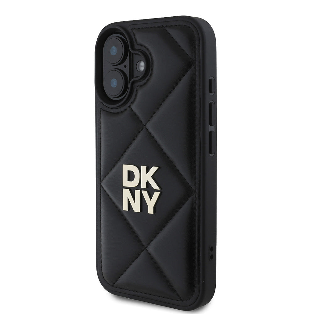 iPhone 16 Kılıf DKNY Orjinal Lisanslı Kapitone Tasarımlı Metal Logolu Deri Kılıf Siyah