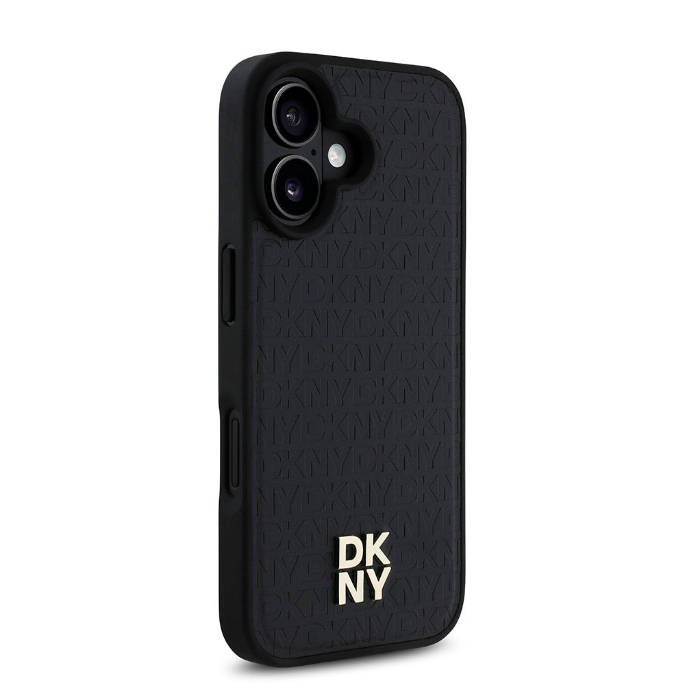 iPhone 16 Kılıf DKNY Orjinal Lisanslı Magsafe Şarj Özellikli 3D Yazılı Repeat Pattern Kılıf Siyah