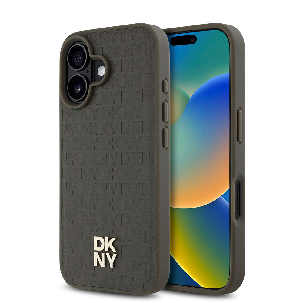 iPhone 16 Kılıf DKNY Orjinal Lisanslı Magsafe Şarj Özellikli 3D Yazılı Repeat Pattern Kılıf Kahverengi