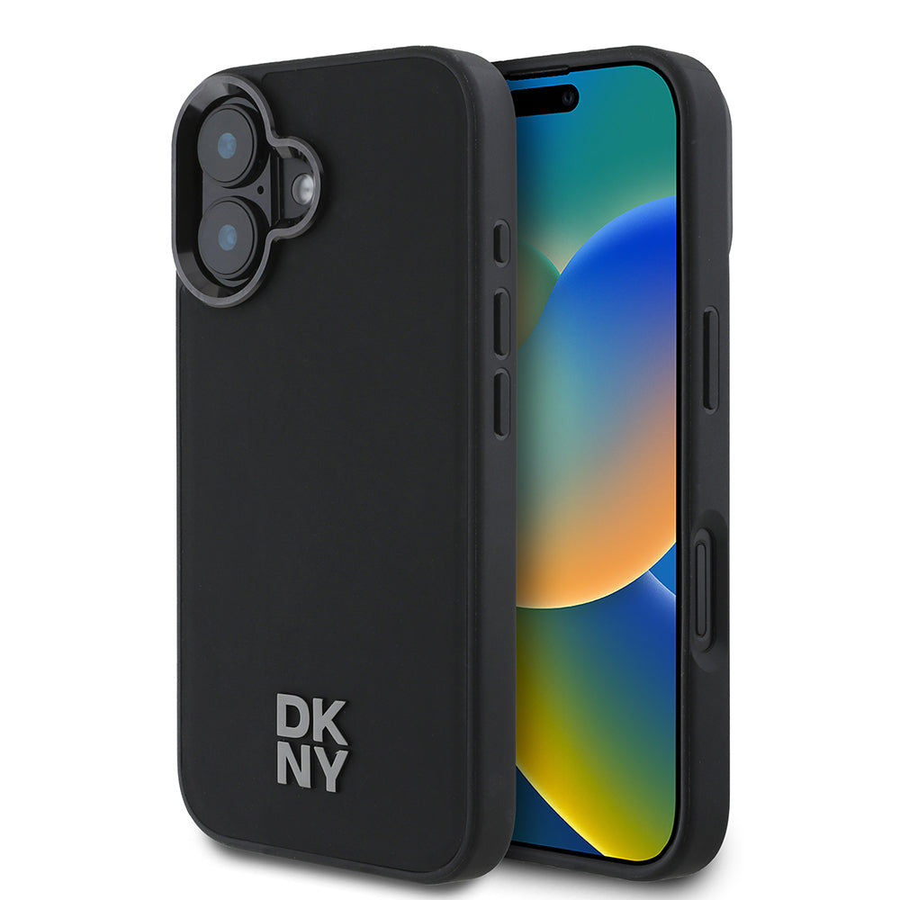 iPhone 16 Kılıf DKNY Orjinal Lisanslı Magsafe Şarj Özellikli Metal Logolu PU Deri Plain Kılıf Siyah