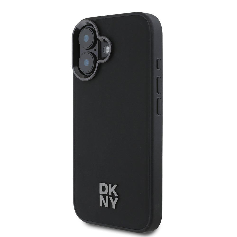 iPhone 16 Kılıf DKNY Orjinal Lisanslı Magsafe Şarj Özellikli Metal Logolu PU Deri Plain Kılıf Siyah
