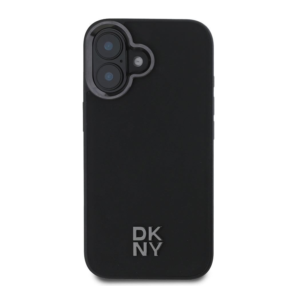iPhone 16 Kılıf DKNY Orjinal Lisanslı Magsafe Şarj Özellikli Metal Logolu PU Deri Plain Kılıf Siyah