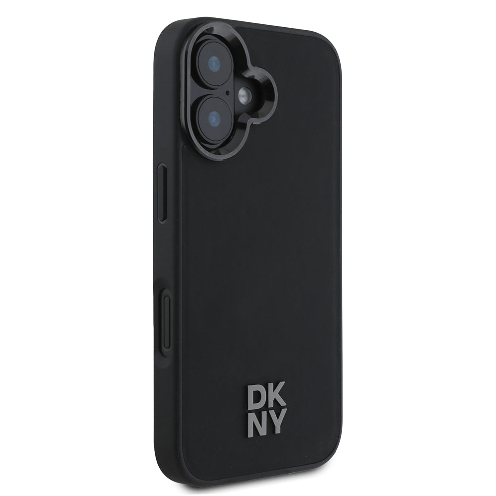 iPhone 16 Kılıf DKNY Orjinal Lisanslı Magsafe Şarj Özellikli Metal Logolu PU Deri Plain Kılıf Siyah