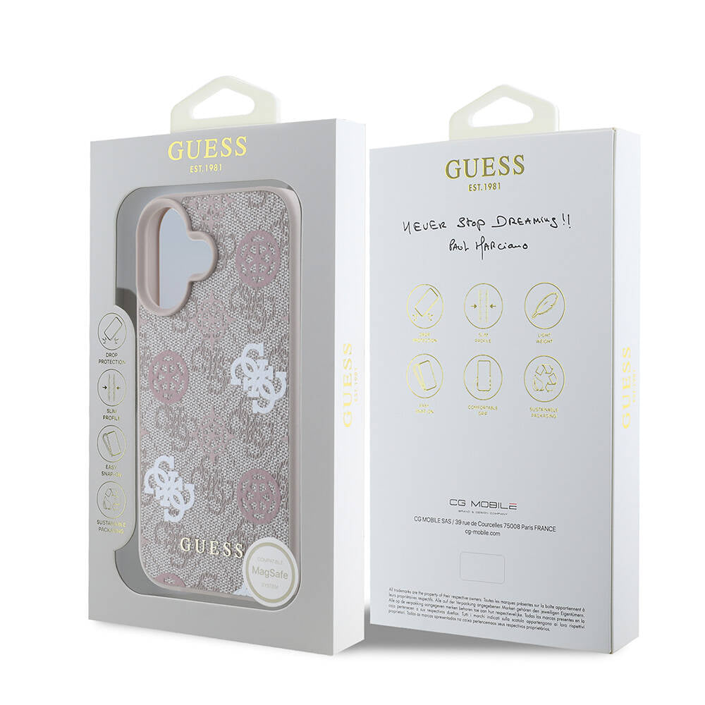 Apple iPhone 16 Kılıf Guess Orjinal Lisanslı Magsafe Şarj Özellikli 4G Desenli Yazı Logolu Peony Kapak Pembe