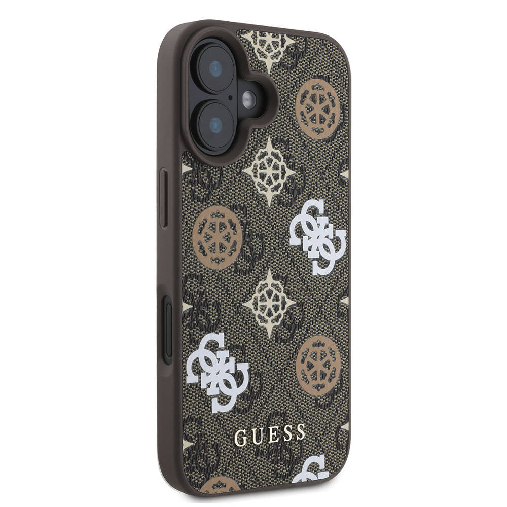 Apple iPhone 16 Kılıf Guess Orjinal Lisanslı Magsafe Şarj Özellikli 4G Desenli Yazı Logolu Peony Kapak Kahverengi