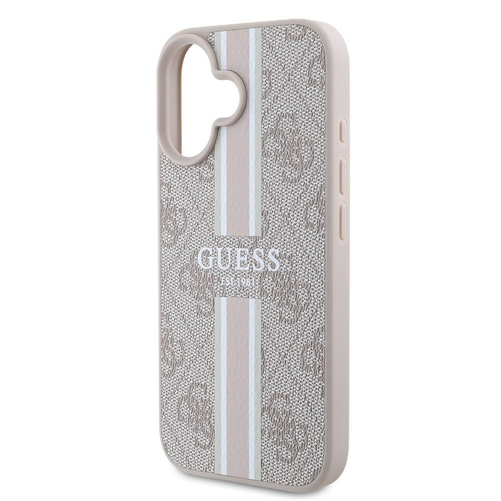 Apple iPhone 16 Kılıf Guess Orjinal Lisanslı Magsafe Şarj Özellikli 4G Şerit Tasarımlı Printed Kapak Pembe