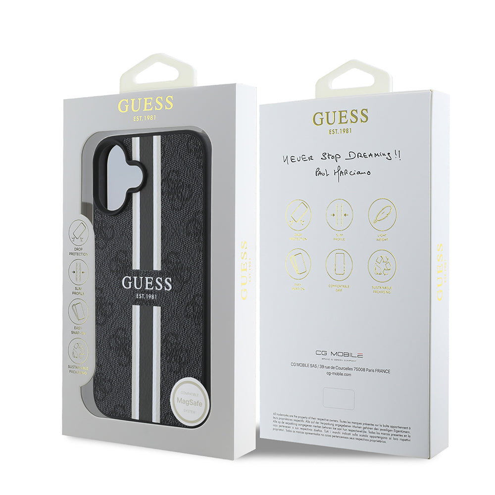 Apple iPhone 16 Kılıf Guess Orjinal Lisanslı Magsafe Şarj Özellikli 4G Şerit Tasarımlı Printed Kapak Siyah