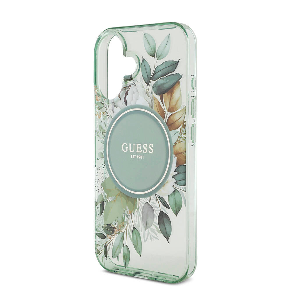 Apple iPhone 16 Kılıf Guess Orjinal Lisanslı Magsafe Şarj Özellikli IML Baskılı Çiçek İnci Bileklikli Kapak Mor