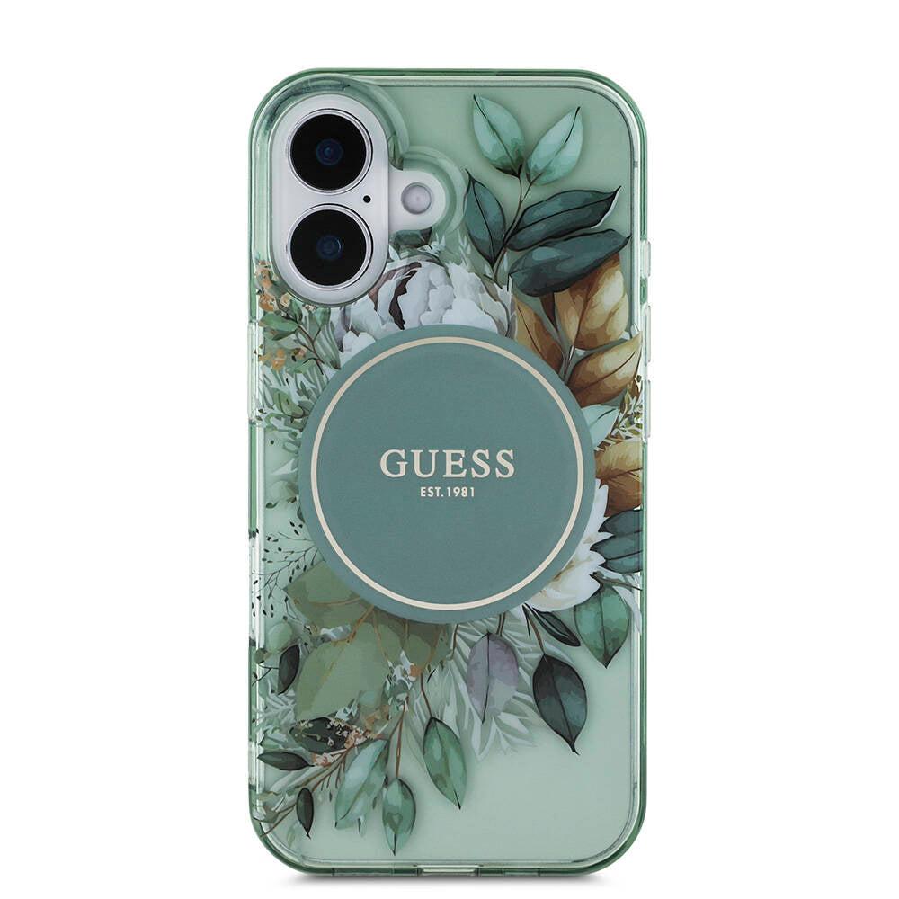 Apple iPhone 16 Kılıf Guess Orjinal Lisanslı Magsafe Şarj Özellikli IML Baskılı Çiçek İnci Bileklikli Kapak Mor