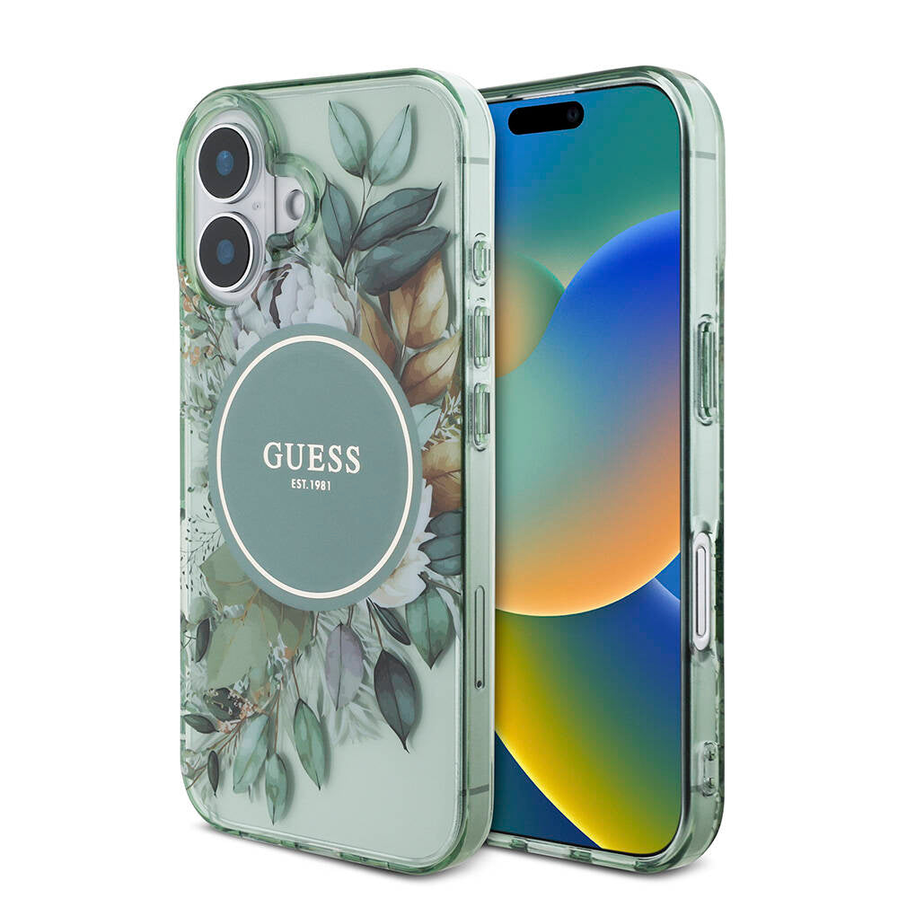 Apple iPhone 16 Kılıf Guess Orjinal Lisanslı Magsafe Şarj Özellikli IML Baskılı Çiçek İnci Bileklikli Kapak Yeşil