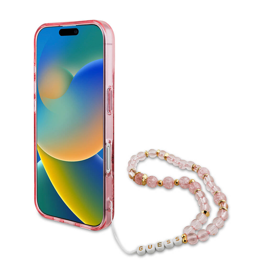 Apple iPhone 16 Kılıf Guess Orjinal Lisanslı Magsafe Şarj Özellikli IML Baskılı Çiçek İnci Bileklikli Kapak Siyah