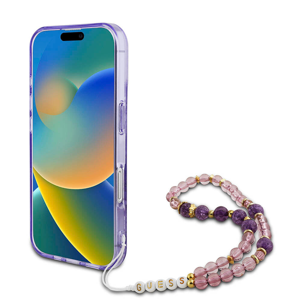 Apple iPhone 16 Kılıf Guess Orjinal Lisanslı Magsafe Şarj Özellikli IML Baskılı Çiçek İnci Bileklikli Kapak Mor