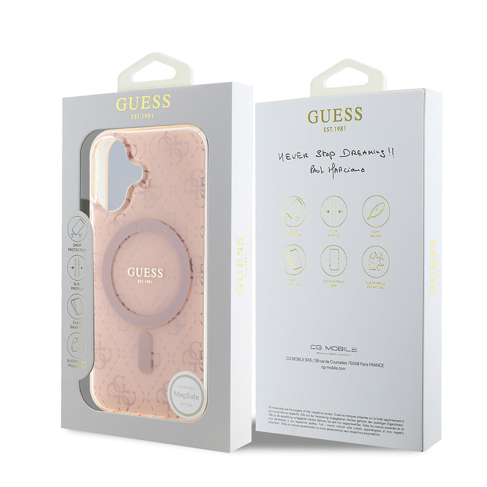 Apple iPhone 16 Kılıf Guess Orjinal Lisanslı Magsafe Şarj Özellikli IML Baskılı Klasik Logolu 4G Desenli Kapak Kahverengi