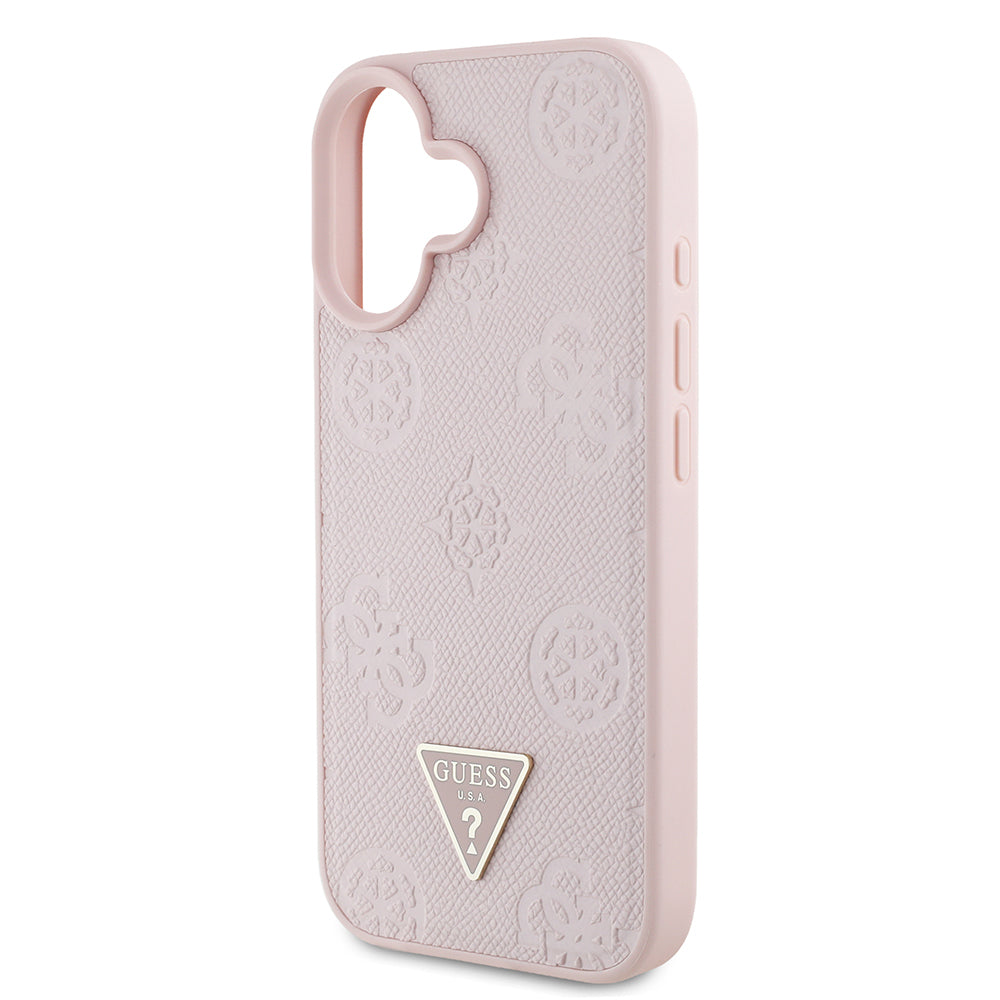 Apple iPhone 16 Kılıf Guess Orjinal Lisanslı M-safe Şarj Özellikli Sıcak Baskılı Üçgen Logolu PU Deri Peony Kapak Kahverengi
