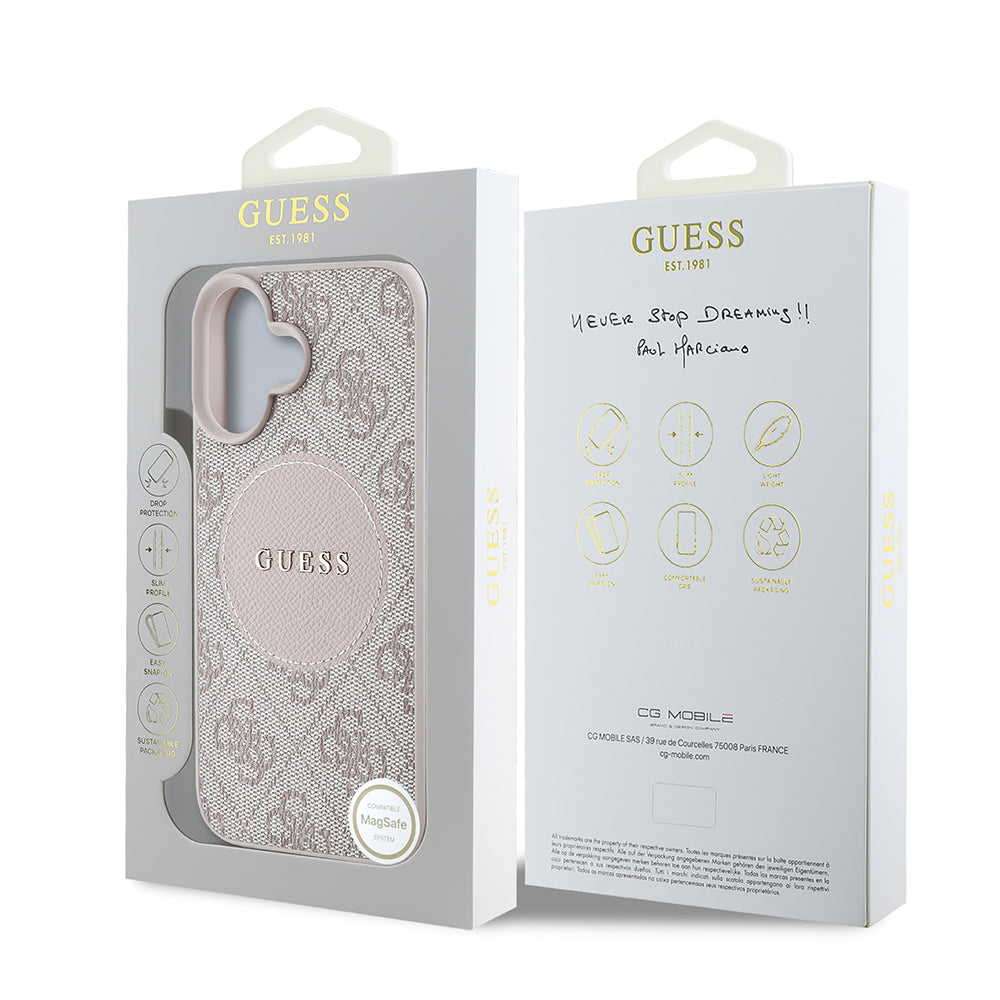 Apple iPhone 16 Kılıf Guess Orjinal Lisanslı M-safe Şarj Özellikli Yazı Logolu Circle Classic Kapak Pembe