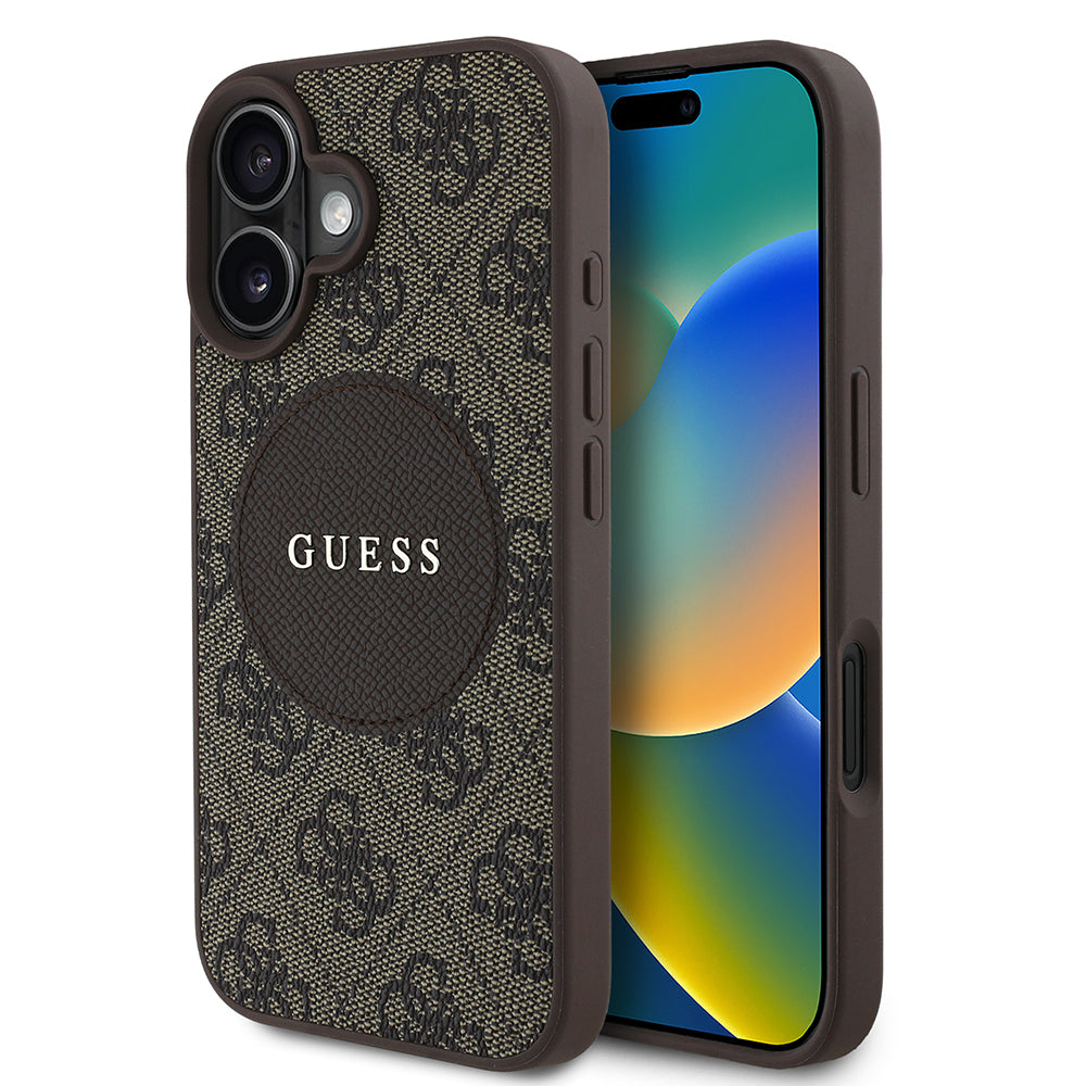 Apple iPhone 16 Kılıf Guess Orjinal Lisanslı M-safe Şarj Özellikli Yazı Logolu Circle Classic Kapak Pembe