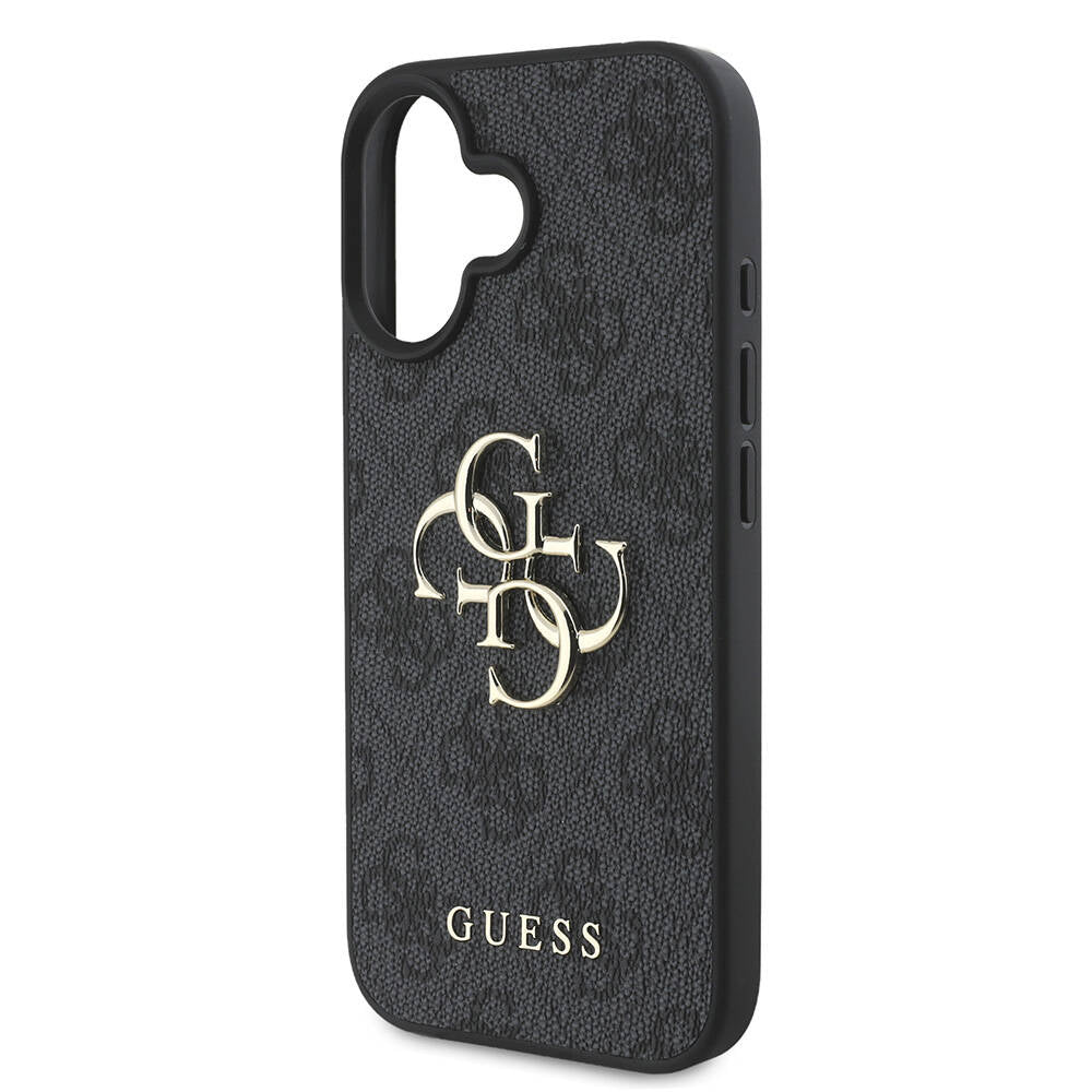 Apple iPhone 16 Kılıf Guess Orjinal Lisanslı PU Deri 4G Desenli Metal Büyük 4G ve Yazı Logolu Kapak Siyah