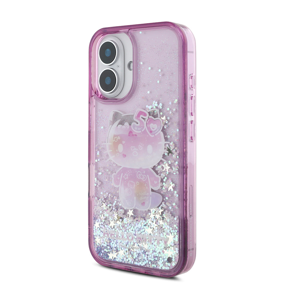 iPhone 16 Kılıf Hello Kitty Orjinal Lisanslı Sıvılı Simli 50. Yıldönümü Partisi Kılıf Mor
