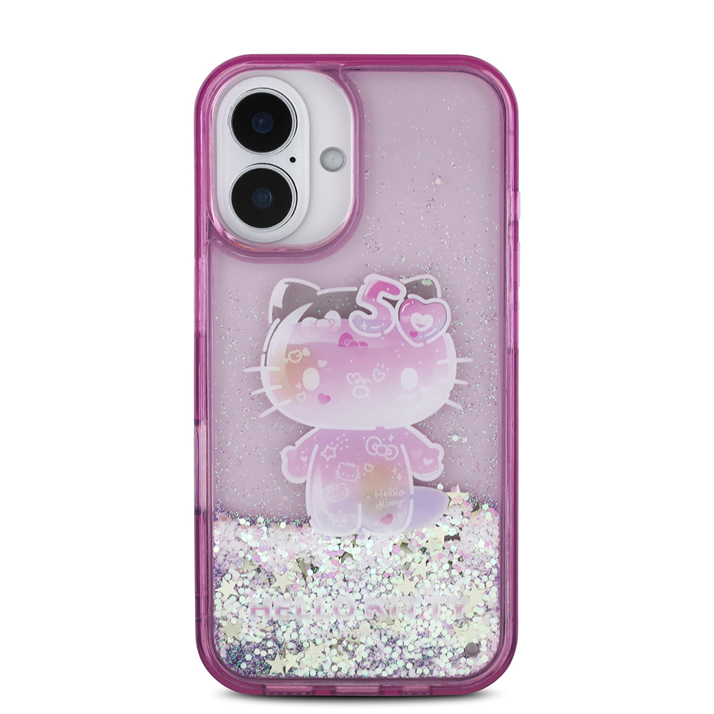 iPhone 16 Kılıf Hello Kitty Orjinal Lisanslı Sıvılı Simli 50. Yıldönümü Partisi Kılıf Mor