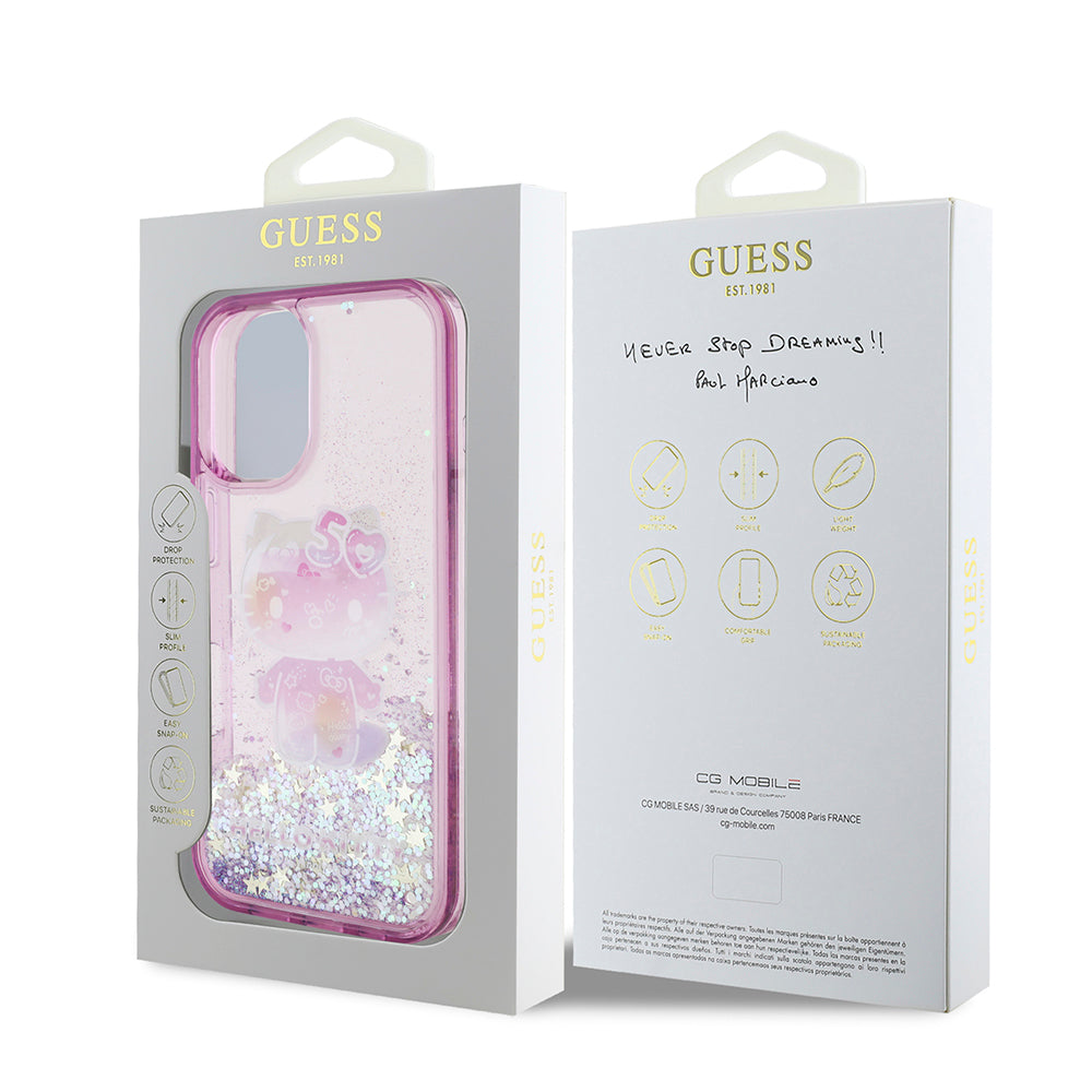 iPhone 16 Kılıf Hello Kitty Orjinal Lisanslı Sıvılı Simli 50. Yıldönümü Partisi Kılıf Mor