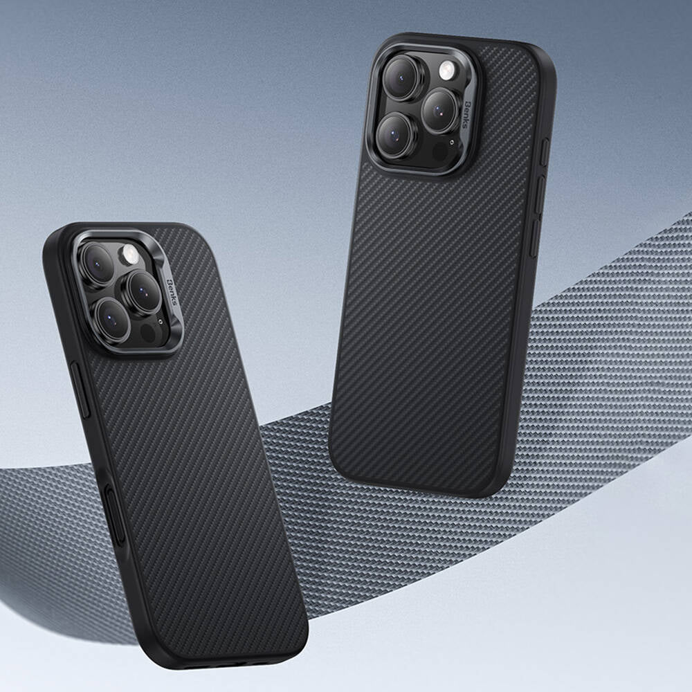 iPhone 16 Kılıf Karbon Fiber Magsafe Şarj Özellikli Benks Hybrid ArmorPro 600D Kevlar Kılıf Siyah