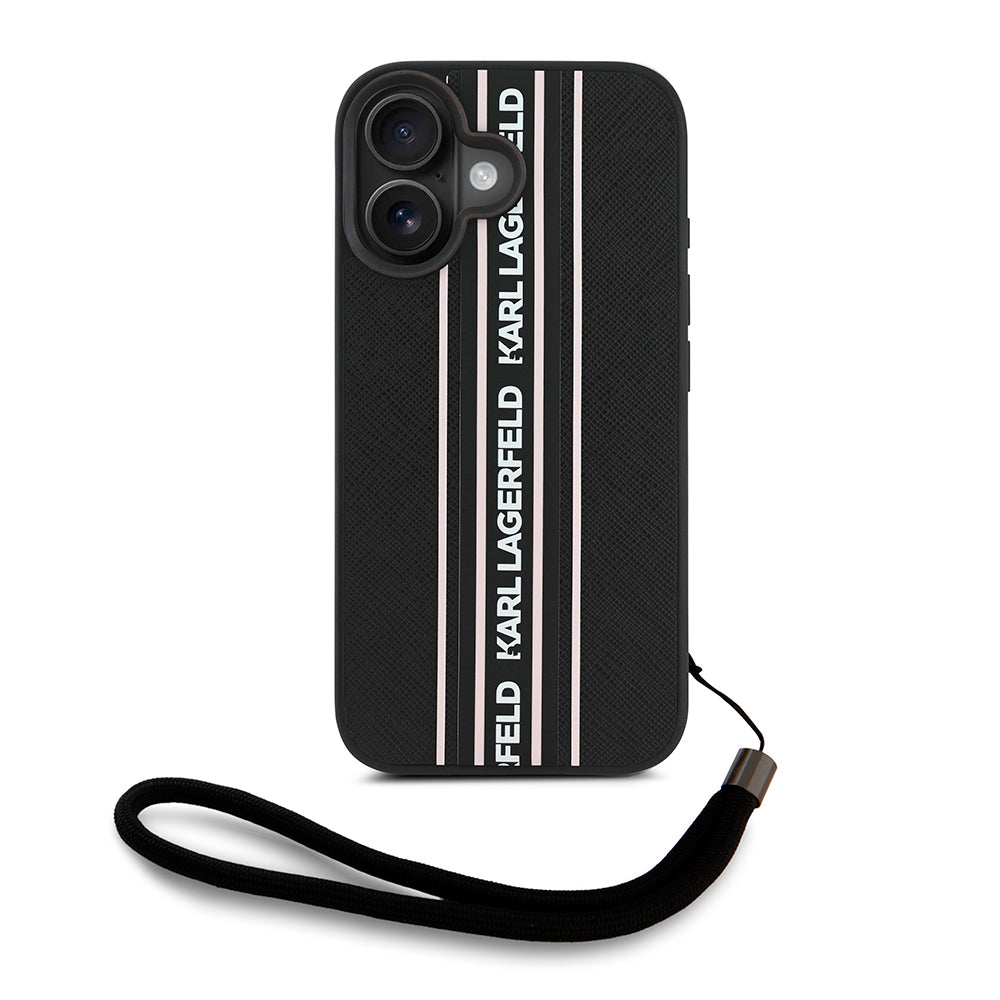iPhone 16 Kılıf Karl Lagerfeld Orjinal Lisanslı Askılı Saffiano Athleisure Şerit Çizgili Kılıf Siyah-Pembe