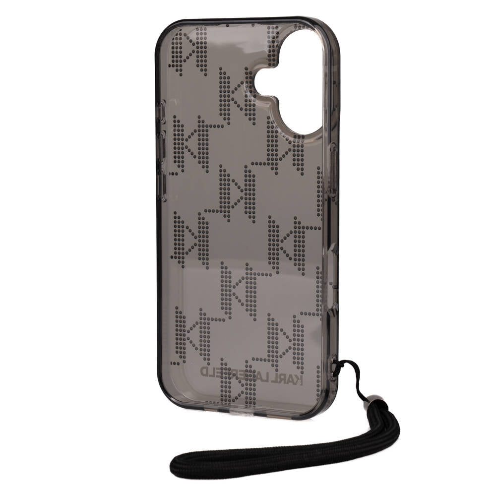 iPhone 16 Kılıf Karl Lagerfeld Orjinal Lisanslı KL Desenli Saydam Bilek Askı İpli Klasik Logolu Kılıf Siyah