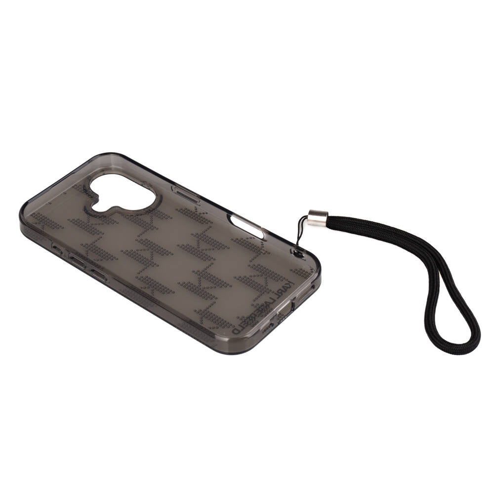 iPhone 16 Kılıf Karl Lagerfeld Orjinal Lisanslı KL Desenli Saydam Bilek Askı İpli Klasik Logolu Kılıf Siyah