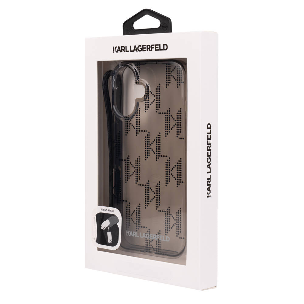 iPhone 16 Kılıf Karl Lagerfeld Orjinal Lisanslı KL Desenli Saydam Bilek Askı İpli Klasik Logolu Kılıf Siyah