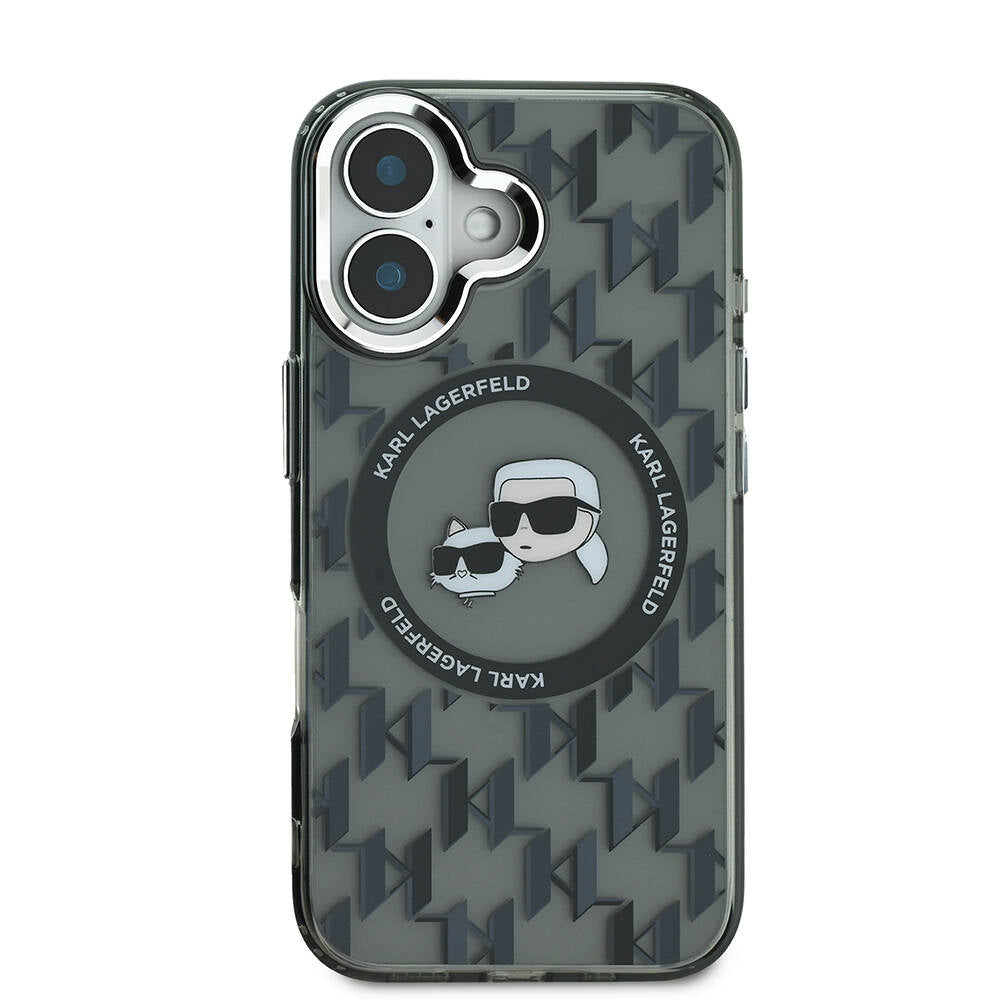 iPhone 16 Kılıf Karl Lagerfeld Orjinal Lisanslı Magsafe Şarj Özellikli IML Baskılı Metal Monogram KC Heads Kılıf Siyah
