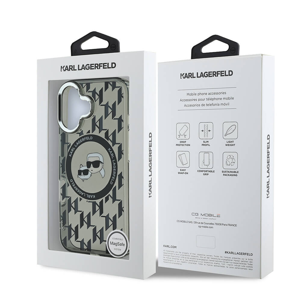 iPhone 16 Kılıf Karl Lagerfeld Orjinal Lisanslı Magsafe Şarj Özellikli IML Baskılı Metal Monogram KC Heads Kılıf Siyah