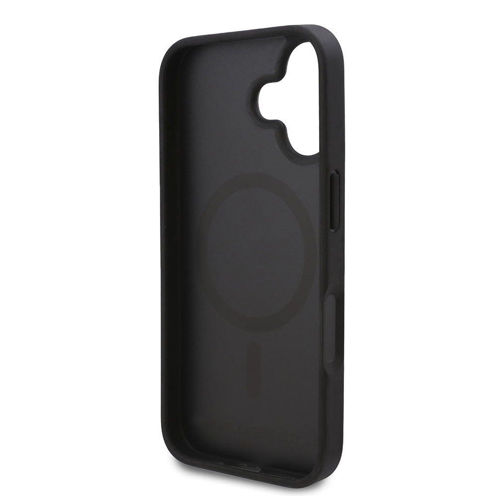 iPhone 16 Kılıf Karl Lagerfeld Orjinal Lisanslı Magsafe Şarj Özellikli KL Yazılı Hot Stamp Kılıf Siyah