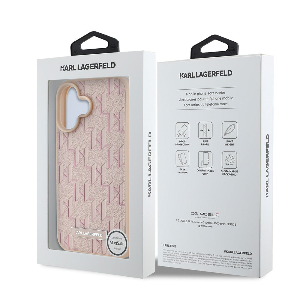 iPhone 16 Kılıf Karl Lagerfeld Orjinal Lisanslı Magsafe Şarj Özellikli KL Yazılı Hot Stamp Kılıf Pembe