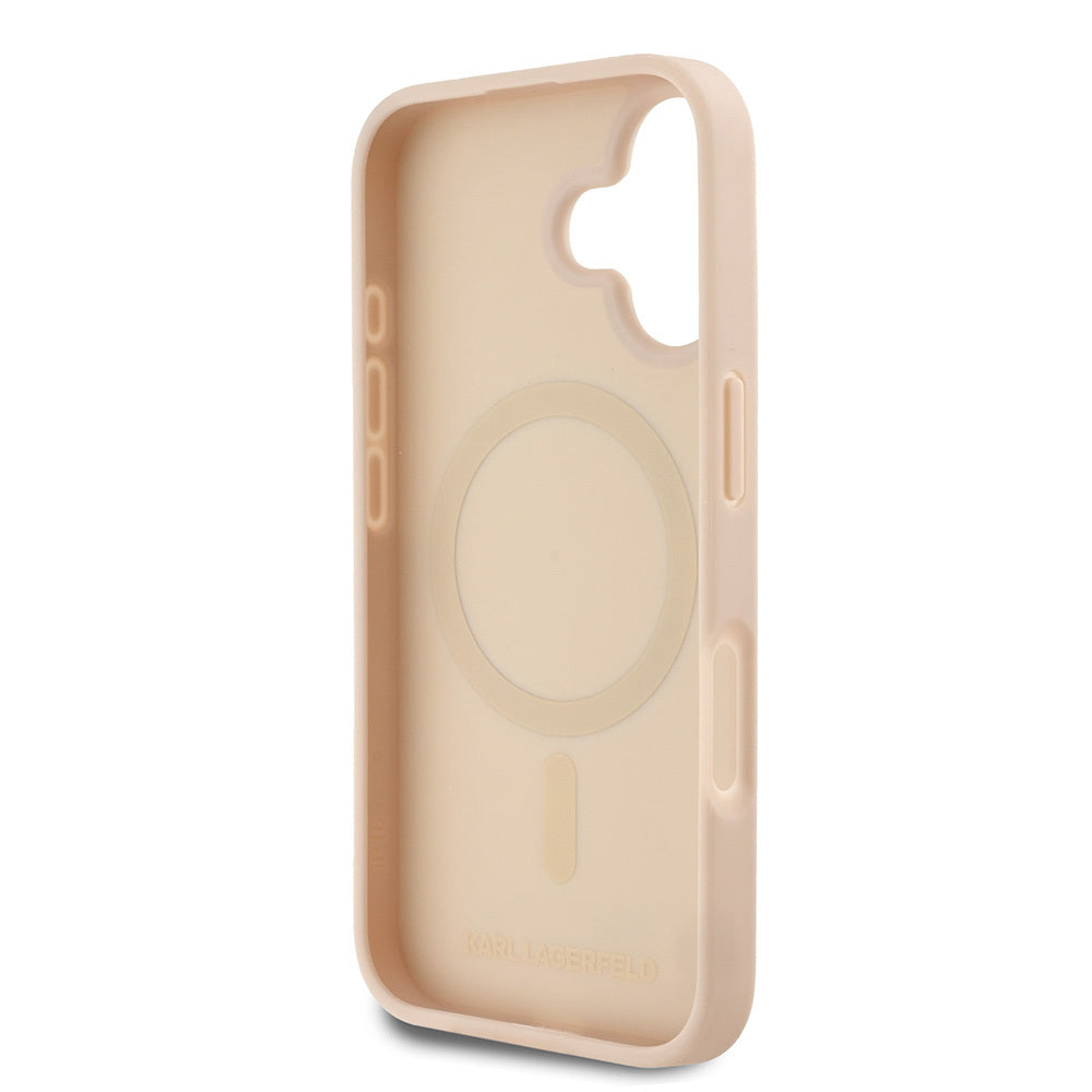 iPhone 16 Kılıf Karl Lagerfeld Orjinal Lisanslı Magsafe Şarj Özellikli KL Yazılı Hot Stamp Kılıf Krem