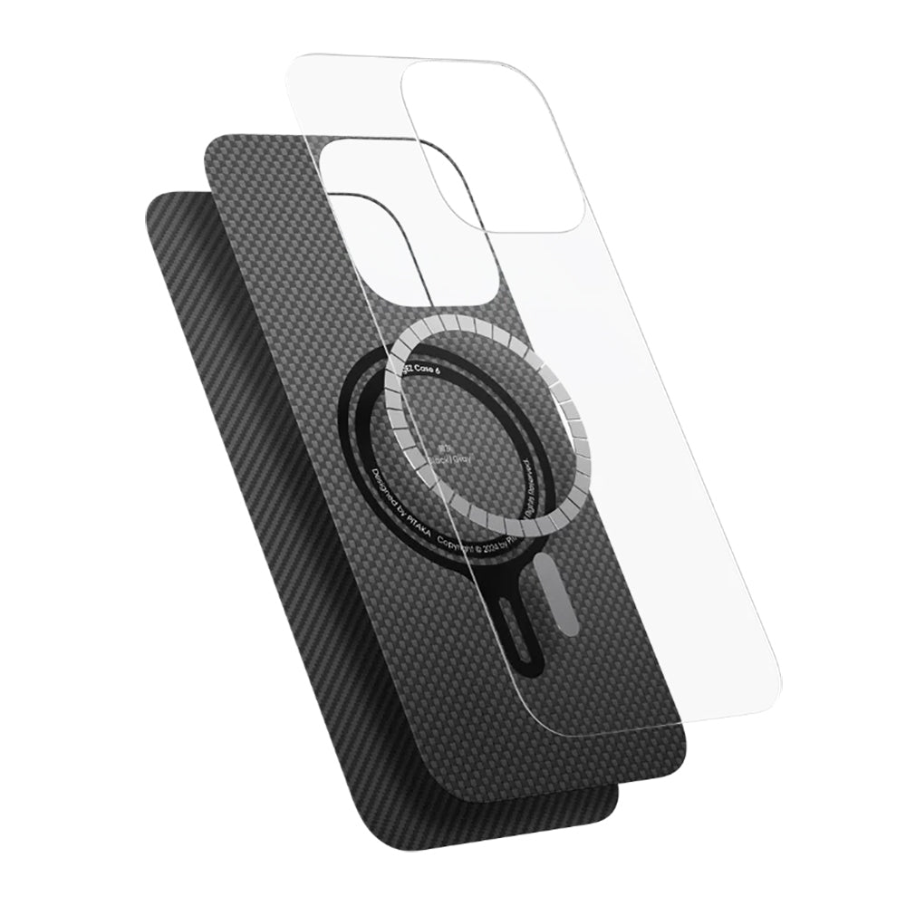 iPhone 16 Kılıf Magsafe Şarj Özellikli 600D Aramid Fiber Pitaka Ultra-Slim Classic Serisi Black-Grey Twill Kılıf Siyah