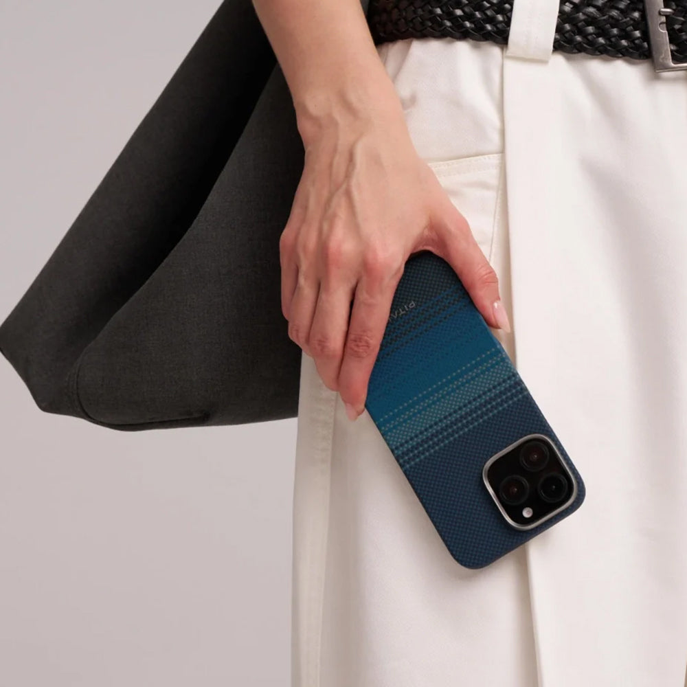 iPhone 16 Kılıf Magsafe Şarj Özellikli Aramid Fiber Pitaka Tactile Woven Sunset-Moonrise Serisi Moonrise Kılıf Mavi