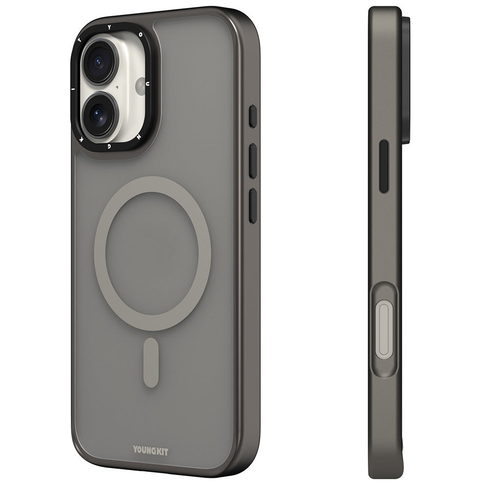 Apple iPhone 16 Kılıf Magsafe Şarj Özellikli Cam Arka Yüzey TPU Youngkit Gemstone Serisi Kapak Gri