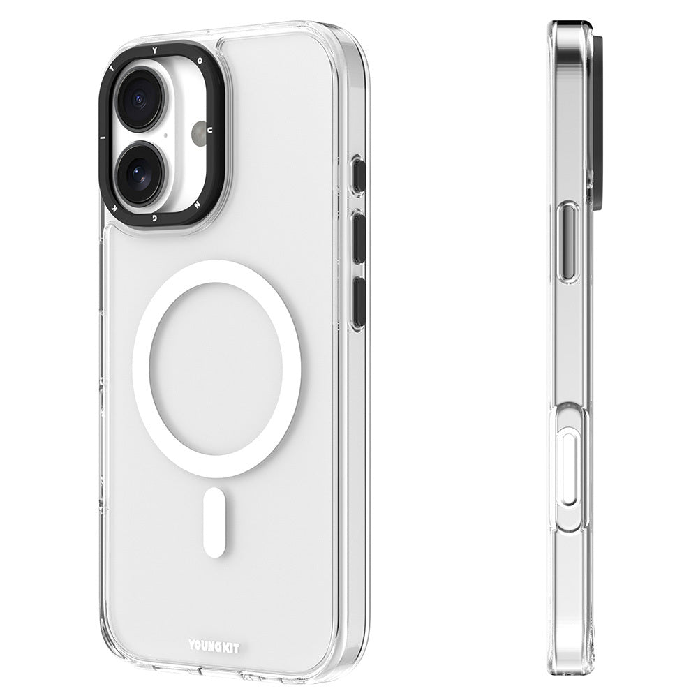 Apple iPhone 16 Kılıf Magsafe Şarj Özellikli Cam Arka Yüzey TPU Youngkit Gemstone Serisi Kapak Gri