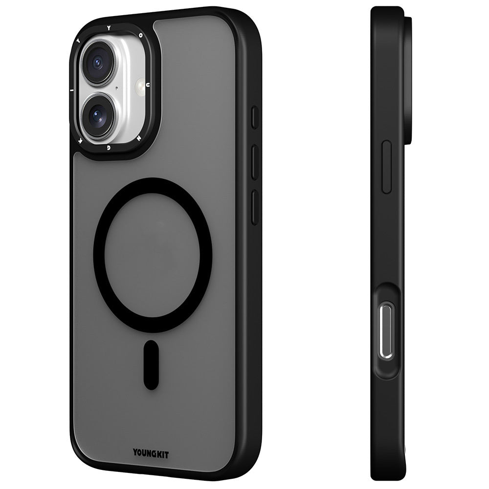Apple iPhone 16 Kılıf Magsafe Şarj Özellikli Cam Arka Yüzey TPU Youngkit Gemstone Serisi Kapak Gri