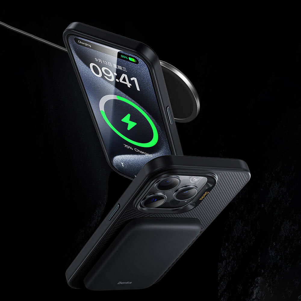iPhone 16 Kılıf Magsafe Şarj Özellikli Karbon Fiber Benks Montage Hybrid ArmorPro Kevlar Kılıf Siyah